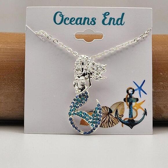 Mermaid Blue Rhinestones Silver Necklace 18" with 3" ext - Picture 2 of 4